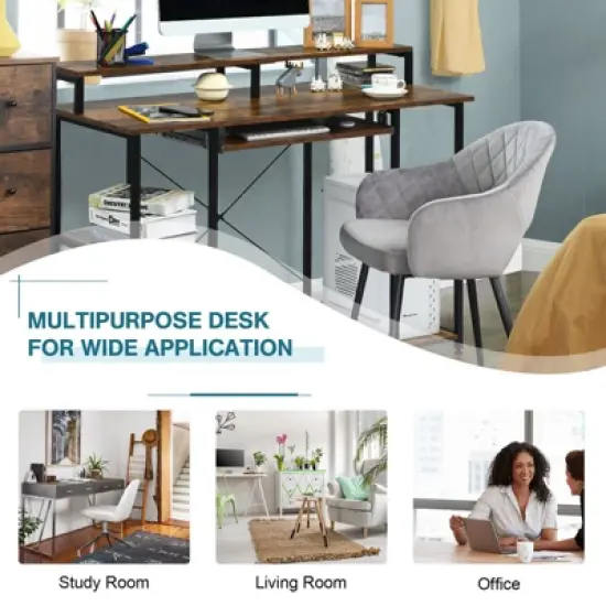 Tangkula Computer Desk Home Office Workstation w/Book Shelves for Working Studying Gaming, Rustic Brown image {4}