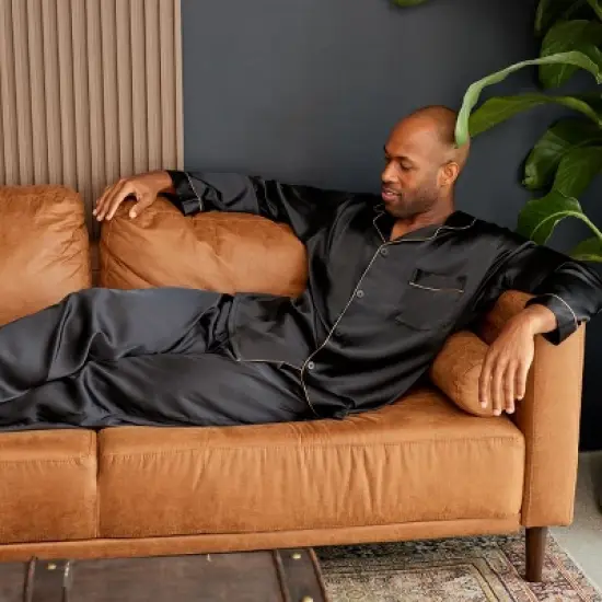 Men's Classic Satin Pajamas Lounge Set, Long Sleeve Top and Pants with Pockets, Silk like PJs with Matching Sleep Mask image {2}