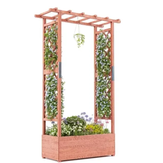 Raised Garden Bed With Trellis, 45 Inch Wood Planter Box With Side Trellis, Hanging Roof, and 4 Drainage Holes, Freestanding Elevated Garden Bed image {7}