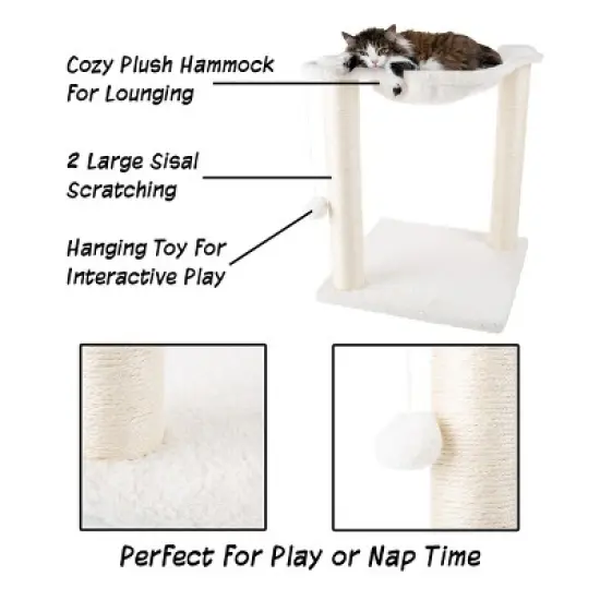 Pet Adobe Cat Tree and Scratcher - Hammock-Style Cat Lounging Bed and Interactive Hanging Toy - 15.75", White image {1}