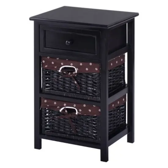 Costway Black Night Stand 3 Tiers 1 Drawer Bedside End Table Organizer Wood W/2 Baskets image {7}