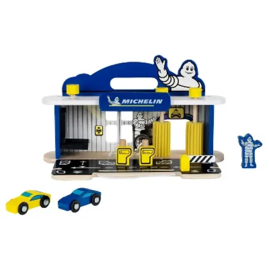 Theo Klein Michelin Car Service Station Kids Wooden Toy Playset with 2 Cars, 2 Fuel Pumps, and Car Wash Station for Ages 3 and Up image {2}