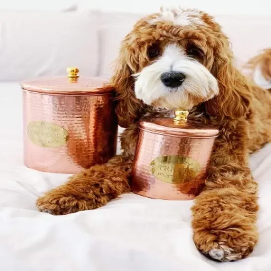 Amici Pet Copper Spaniel Treats Canister Decorative Hand Made Hammered Finish Metal Storage Container image {2}