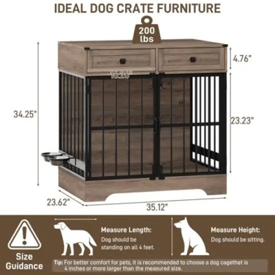 35"W Dog Kennel with Drawers, Pet Cage End Table with 2 Adjustable Bowls, Dog Crate Furniture, Brown image {1}