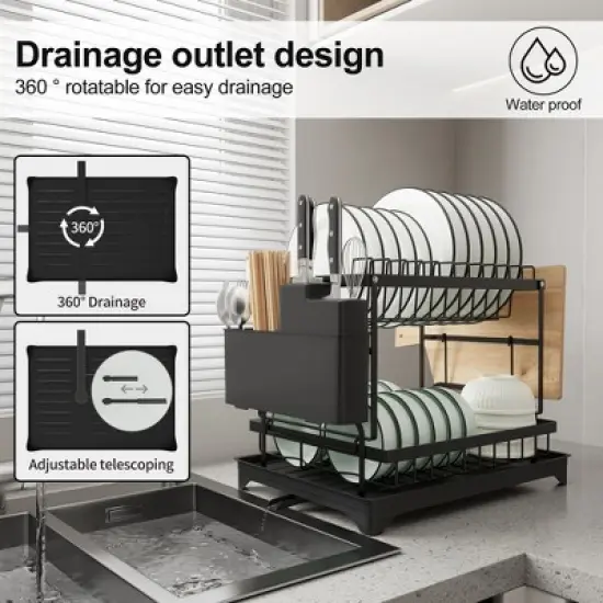 Fortune Candy 11.41'' Tall 2 Tier Dish Drying Rack, Large apacity, Black image {6}