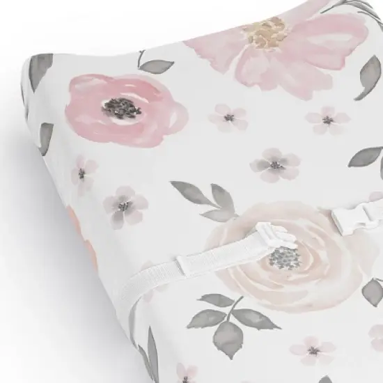 Sweet Jojo Designs Girl Changing Pad Sheet Watercolor Floral Pink and Grey image {3}