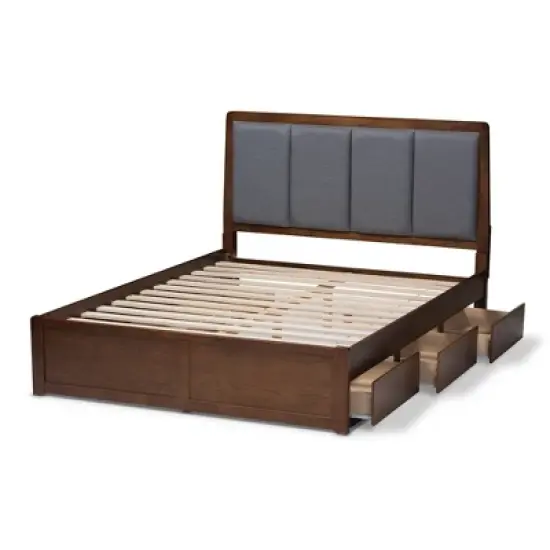 Brannigan Modern and Contemporary Fabric Upholstered Walnut Finished Storage Platform Bed Gray/Brown - Baxton Studio image {4}