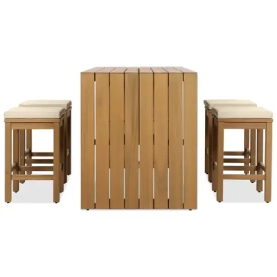 5-Piece Outdoor Patio Acacia Wood Bar Dining Set with 4 Cushioned Stools image {7}