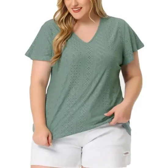 Agnes Orinda Women's Plus Size V Neck Eyelet Short Sleeve Casual Trendy Blouse image {5}