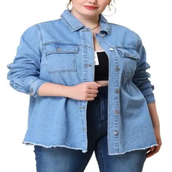 Agnes Orinda Women's Plus Size Jacket Casual Washed Frayed Denim Jackets image {1}