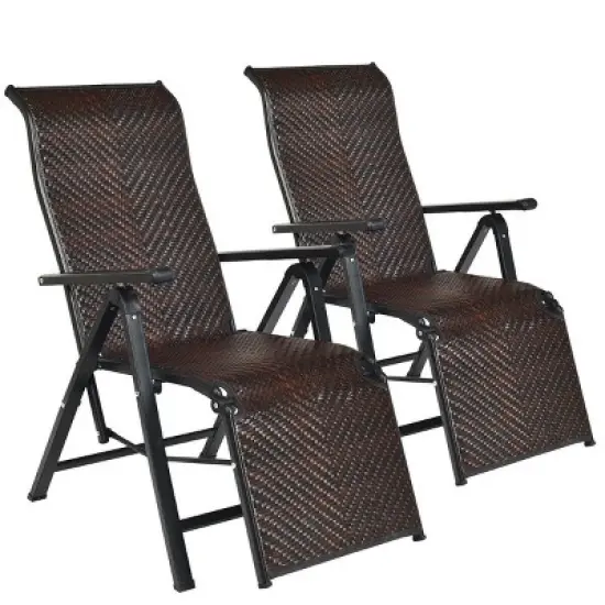 Costway 2PCS Patio Rattan Folding Lounge Chair Recliner Back Adjustable Beach Yard Pool image {2}