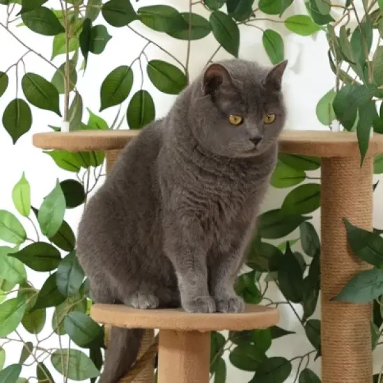 Sandinrayli 76 in. Cat Tree Tower Condo with Green Leaves and Scratching Posts image {7}