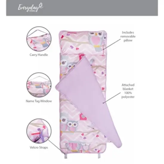 EVERYDAY KIDS Toddler Nap Mat &ndash;Sweet Owls&ndash; Soft Microfiber, Rollup with Handle & Pillow, for Preschool, Daycare, or Travel -Ages 3-6 years image {8}