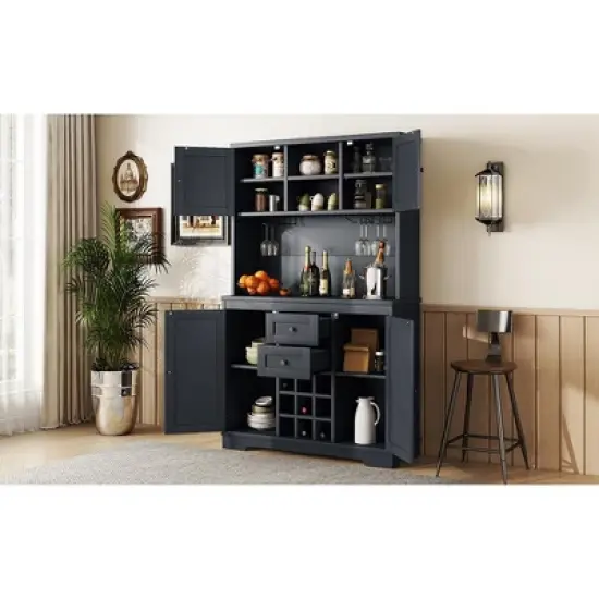 Gulches Timeless Multi Functional Coffee and Wine Bar Cabinet Open Shelves, 9 Grid Bottle Holders, 6 Hooks and Durable Build image {5}