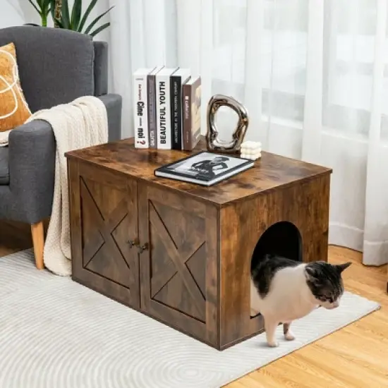 Costway Wooden Cat Litter Box Enclosure Hidden Cabinet Furniture w/ Divider Pet House image {3}