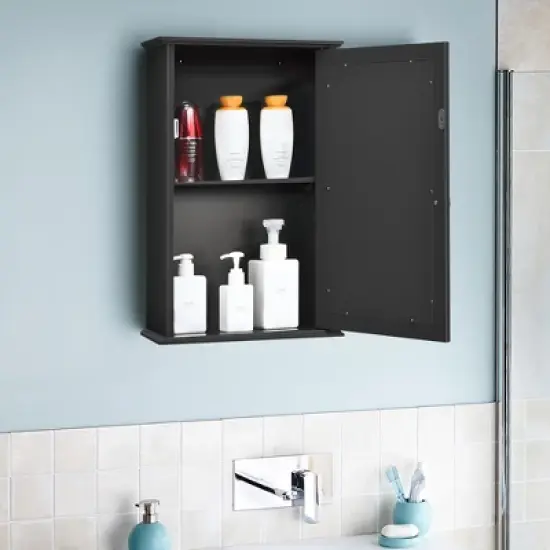 Costway Bathroom Wall Cabinet Single Mirror Door Cupboard Storage Medicine Cabinet Wood Shelf Grey\Brown image {2}