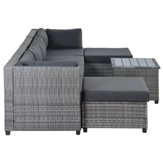 7pc Outdoor Set with Rattan Sofa & Cushions - Gray - GODEER image {7}