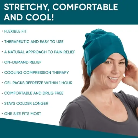 Headache, Migraine, & Stress Relief Hat - Natural Ice Mask for Tension & Muscle Pain - Stretchy, Comfortable, & Cool Wearable &ndash; Teal image {4}