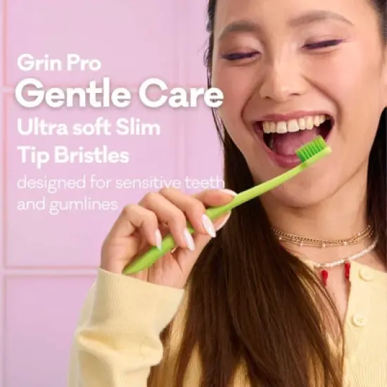 Grin Pro Ultimate 100% Recycled Plastic Handle Gentle Care Toothbrushes - Ultra Soft - Green/Pink - 2ct image {2}