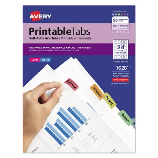 Avery Printable Plastic Tabs with Repositionable Adhesive, 1/5-Cut, Assorted Colors, 1.25" Wide, 96/Pack image {3}