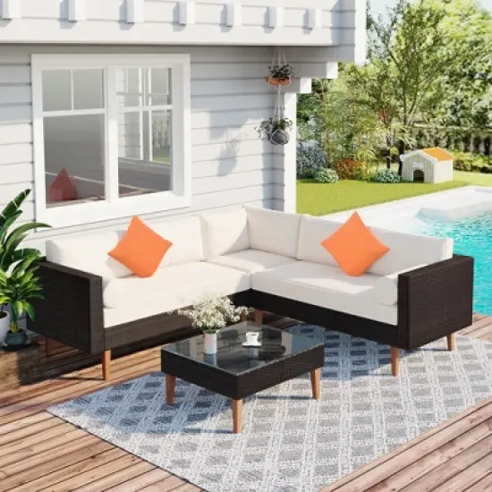 FIONECA 4-Piece Outdoor Wicker Sofa Set, L-Shaped Patio Furniture with Beige Cushions, Brown Rattan & Colorful Accent Pillows image {12}