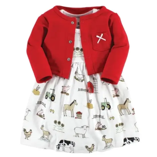 Hudson Baby Infant Girl Cotton Dress and Cardigan Set, Farm image {5}