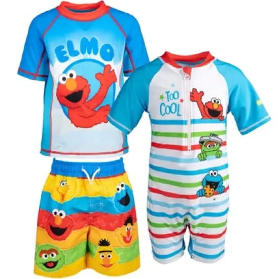 Sesame Street Oscar the Grouch Grover Elmo Sunsuit Rash Guard and Swim Trunks 3 Piece Swimsuit Set Toddler image {10}
