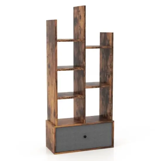 Costway Industrial Bookshelf Rustic Wooden Shelf Organizer with Non-woven Fabric Drawer image {9}