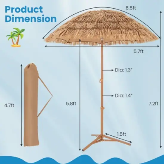 Tangkula 6.5Ft Tiki Beach Umbrella with Base Hawaiian Style PP Grass with Tilt Adjustment 8 Ribs Thatched with Carry Bag for Garden & Pool Natural image {8}