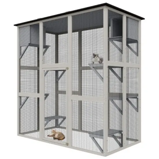 Large Outdoor Wooden Cat House with Metal Mesh, 6 Platforms and 2 Resting Boxes, Cat Enclosure for Patio or Backyard &ndash; The Pop Home image {5}
