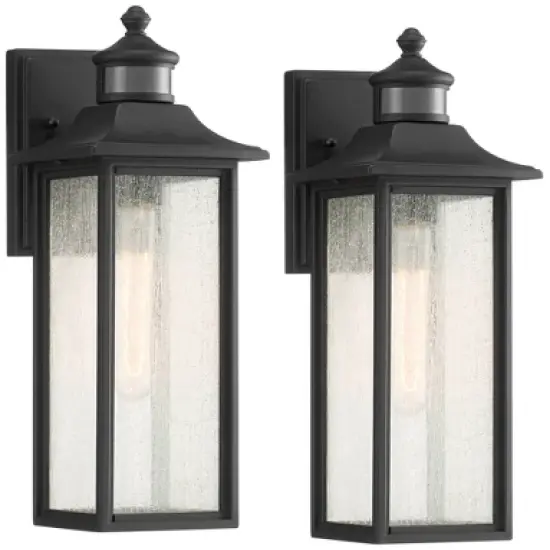 John Timberland Mission Outdoor Wall Light Fixtures Set of 2 Black Motion Sensor 16 1/2" Seeded Glass for Post Exterior Barn Deck image {8}