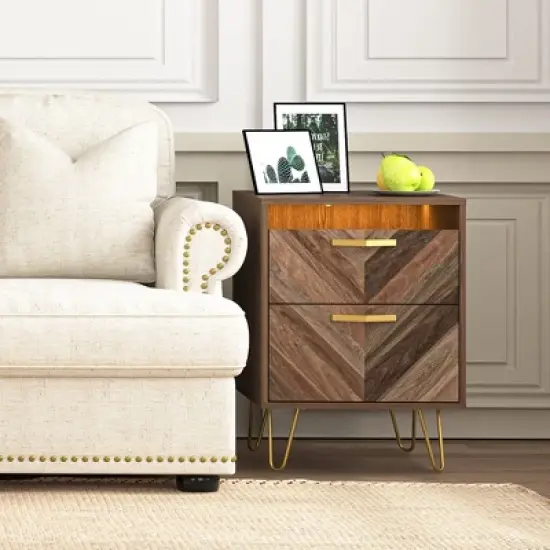 Resenkos Modern Night Stand Set of 2 with Mobile APP Remote Light, Jointed Wood Grain Bedside Table for Bedroom Rustic image {5}