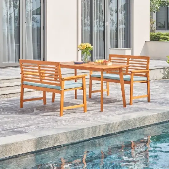 Waimea 3pc Honey Slatted Eucalyptus Wood Patio Dining Set with Bench & Cushions - Vifah image {1}