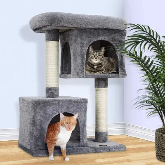 PAWBEE 33" Cat Tree House - 2 Condos & 2 Sisal Scratching Posts - Cat Scratching Post Tower With Ex-Large Plush Perch - Sturdy Base & Anti-Tip Strap image {3}