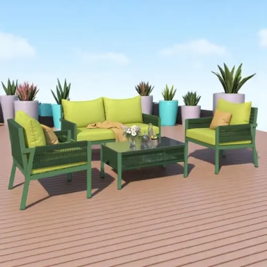 4-Piece Boho Patio Furniture Set with Handmade Rope Weave, Metal Frame, Tempered Glass Table, and Thick Cushions image {6}