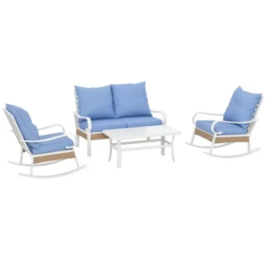 Outsunny 4 Piece Patio Furniture Set with Loveseat Sofa, Rocking Chairs, Coffee Table, Outdoor Conversation Set, Light Blue image {6}