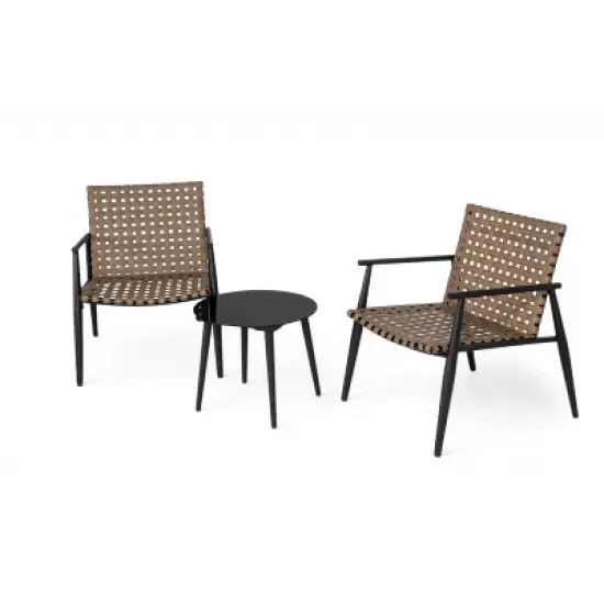 FIONECA 3-Piece Outdoor Chat Set with 2 PE Rattan Chairs and Black Steel Side Table with Tempered Glass Top image {4}
