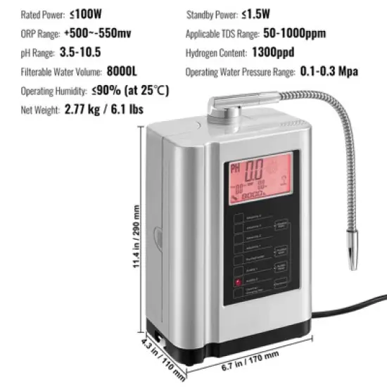 VEVOR Alkaline Water Ionizer Machine, pH 3.5-10.5 Alkaline Acidic Hydrogen Water Purifier, 7 Water Settings Home Filtration System, Up to -650mV ORP image {7}