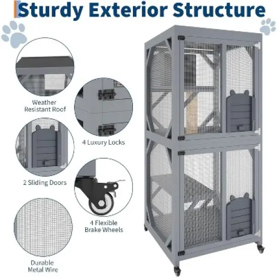 68'' Wooden Catio - 4-Tier Outdoor Cat Enclosure for Multiple Cats, Waterproof Shelter w/ 4 Platforms, 2 Sliding Doors & Scratching Post image {5}