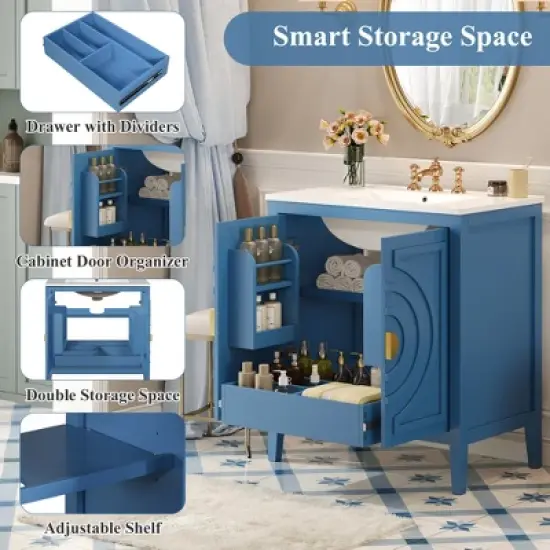 ModernLuxe 30'' Blue Bathroom Vanity with Sink, 2 Soft Close Doors, Hidden Drawer & Adjustable Shelf, Freestanding Storage Cabinet image {4}