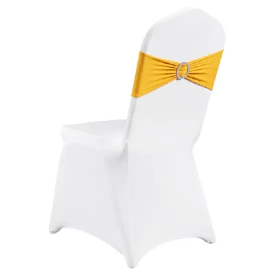 VEVOR Stretch Spandex Folding Chair Covers, Universal Fitted Chair Cover with Chair Sashes, Removable Washable Protective Slipcovers, Gold & White image {8}