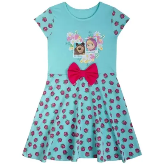 Masha and the Bear Big Friend Little Friend Short Sleeve Crew Neck Dress, Floral Heart, Bow at Waist - Toddler image {6}