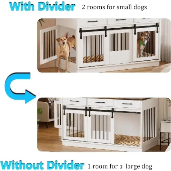 PAKASEPT 71" Tall Dog Crate Furniture, Indoor Dog Kennel with Wardrobe Closet, 46.5" W Dog Cage for Large/Medium Dogs, Wood Dog Crates with 3 Drawers image {3}
