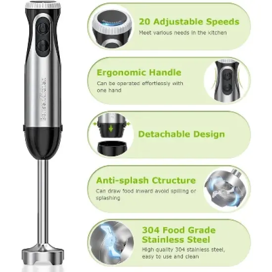 Bonsenkitchen Immersion Stainless Steel Handheld Blender with Egg Whisk, 20-Speed & Turbo Mode (500W output) for Soup, Smoothie, Puree, Baby Food image {1}