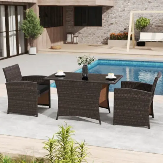 Costway 3 PCS Wicker Bistro Set Balcony Furniture Set with Tempered Glass Dining Table image {3}