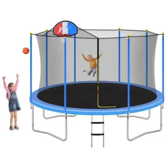 Easy-to-Assemble Kids Trampoline with Safety Fence Netting, Basketball Hoop and Ladder, Blue - ModernLuxe image {1}