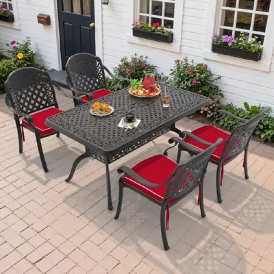 5-Piece Cast Aluminum Outdoor Dining Set: Rectangle Table, Stackable Chairs & Red Cushions - All-Weather Patio Furniture for Your Backyard image {10}