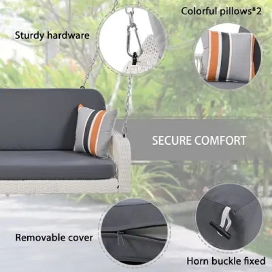 PE Wicker Porch Swing, 2-Seater Hanging Bench With Chains, Patio Furniture Swing For Backyard Garden Poolside image {4}
