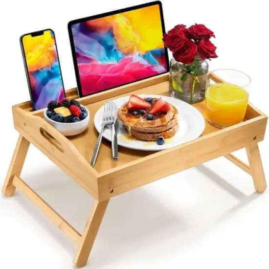 Homeitusa Bamboo Bed Trays: Large Bed Table with Folding Legs, Serving Tray with Handles, Wooden Breakfast Tray with Legs and Handles image {8}