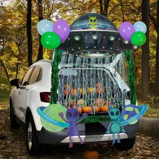 Joyfy Halloween UFO Trunk Or Treat Car Decoration, Aliens Archway Garage Door Decor with Streamer Tinsels Strips Balloons for SUV Outdoor/Indoor image {1}